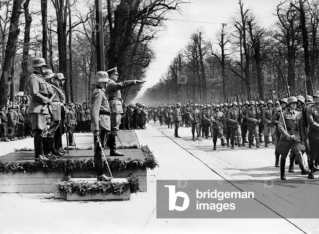 Adolf Hitler takes the parade on his birthday, 1936 (b/w photo)