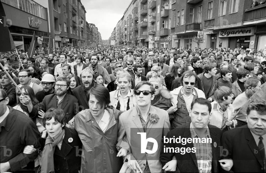 Protests against the planned Emergency Act in Berlin, 1968 (b/w photo)