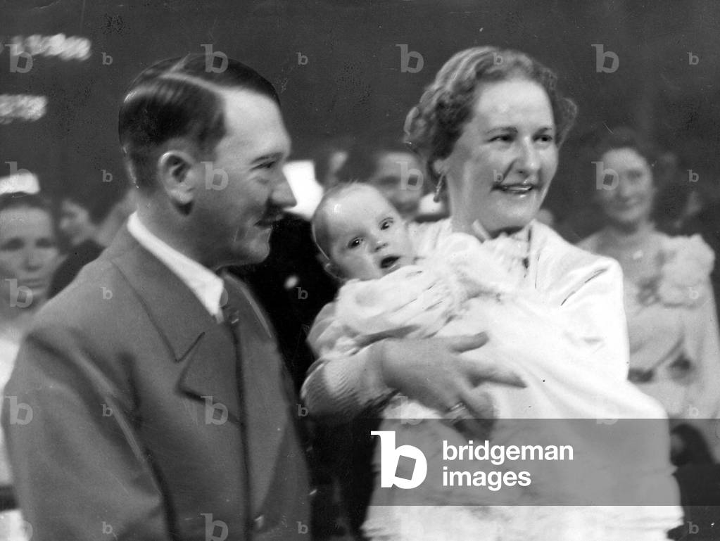 Adolf Hitler with Emmy and Edda Goering 1938 (b/w photo)