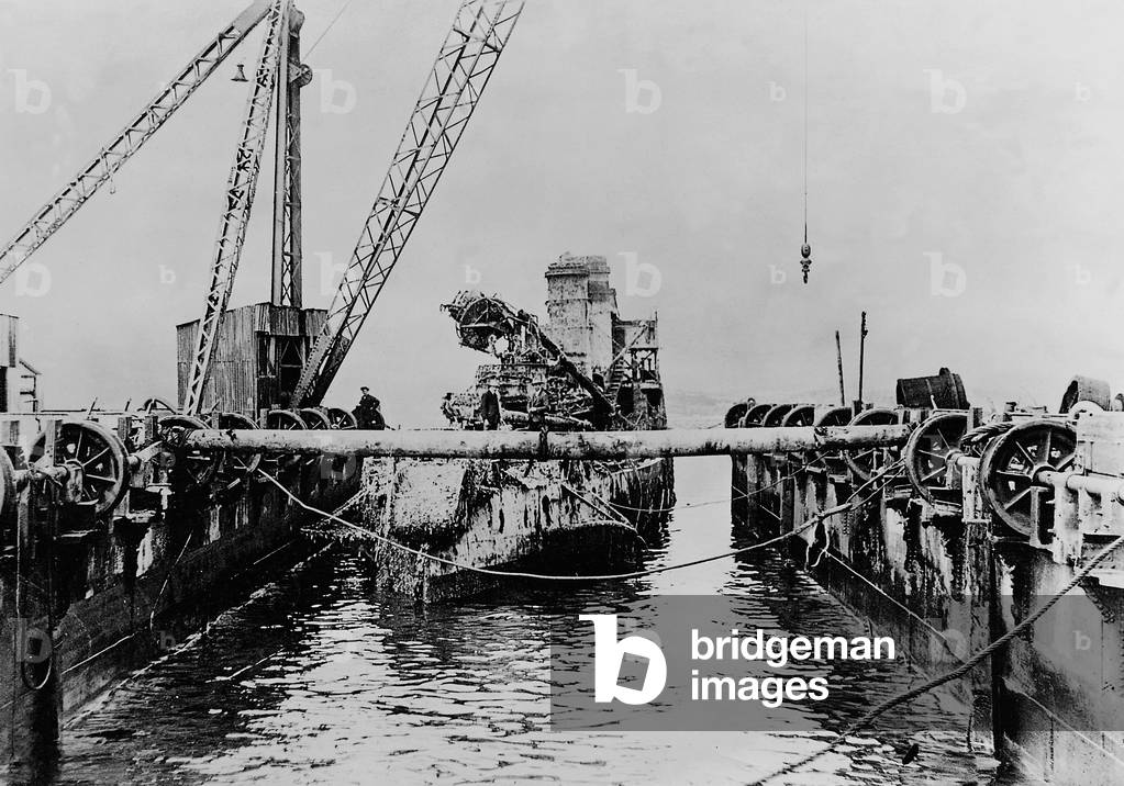 Lifted ship in the dock (b/w photo)