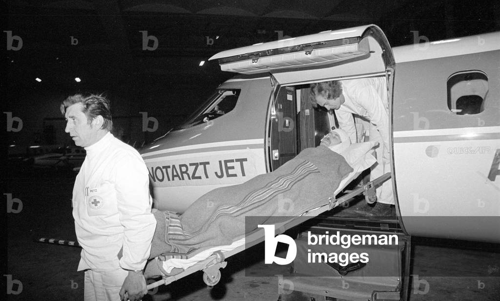 Patient transport by air, 1974 (b/w photo)