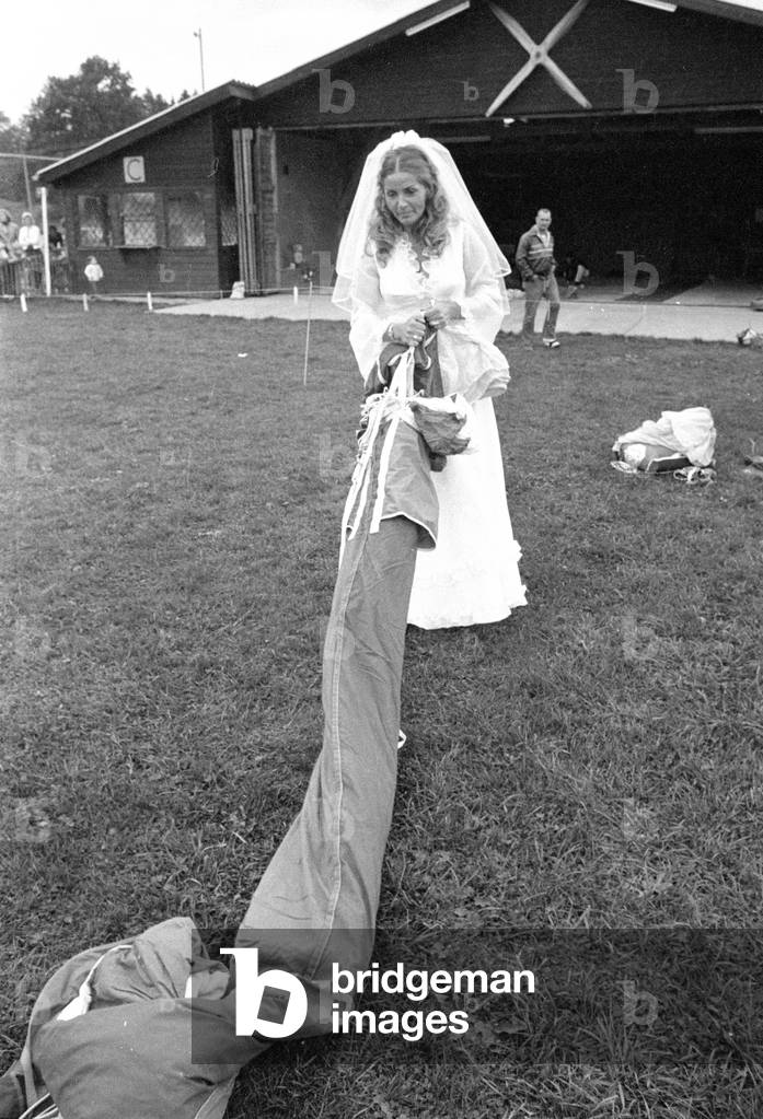Wedding with parachute jump, 1974 (b/w photo)