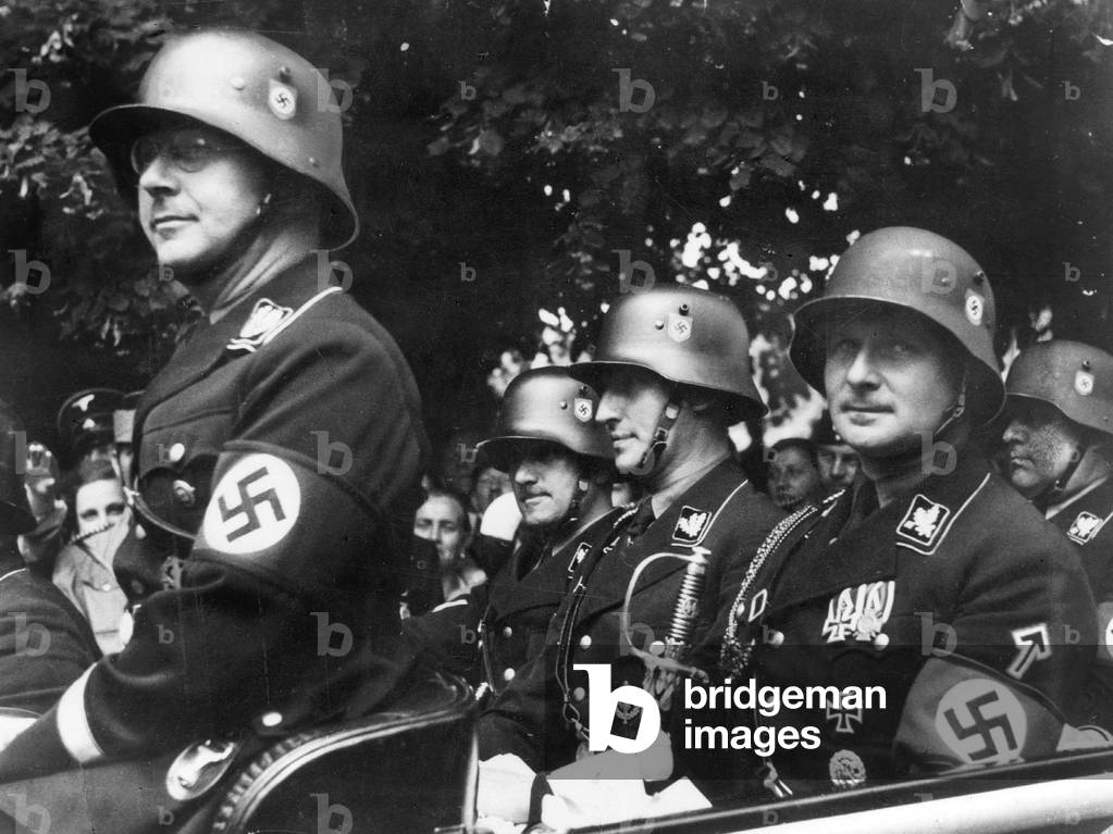 Heinrich Himmler, Karl Wolff, Reinhard Heydrich, August Heissmayer, 1938 (b/w photo)