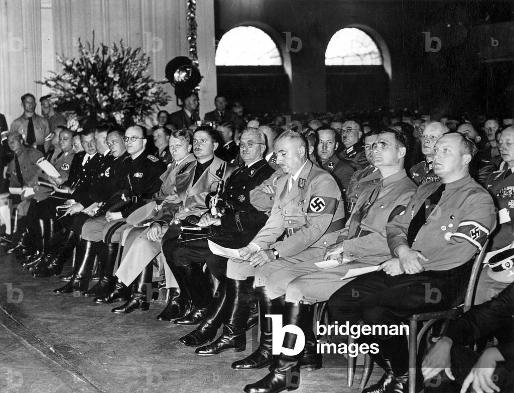 Rudolf Hess, Gustav Scheel and Bernhard Rust during the Reich Party Congress in Nuremberg, 1938 (b/w photo)