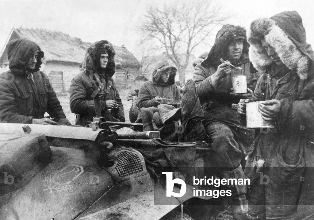 Soldiers of the SS Bodyguard regiment 'Adolf Hitler' on the Eastern front, 1944 (b/w photo)