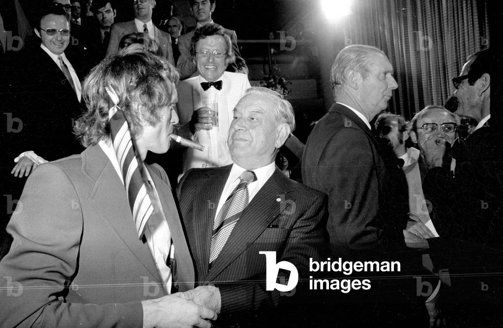 Sepp Maier and Alfons Goppel at the celebration of the World Cup victory in Munich, 1974 (b/w photo)