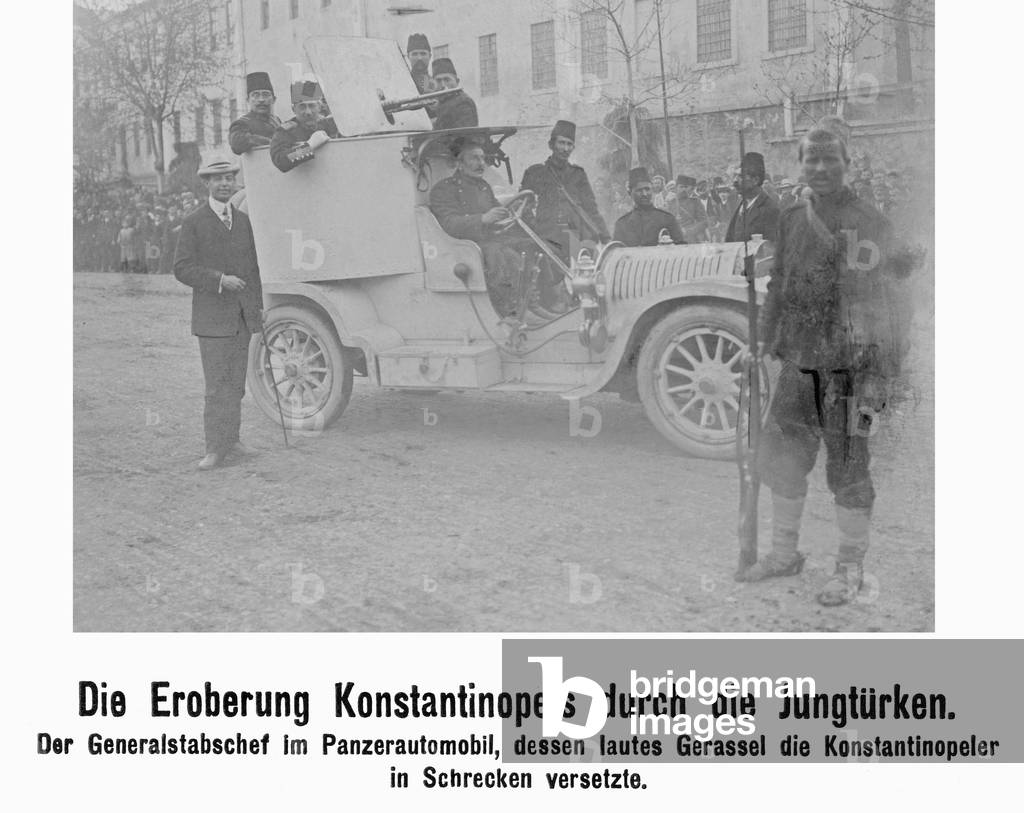 Chief of General Staff of the Young Turks in an armored car, 1909 (b/w photo)