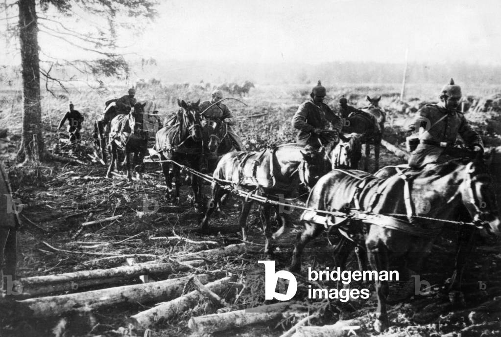 German ammunition train on the march to the Eastern Front, 1917  (b/w photo)