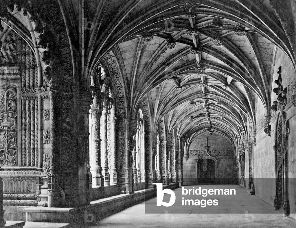 Cloister of the Jeronimos Monastery in Belem (b/w photo)