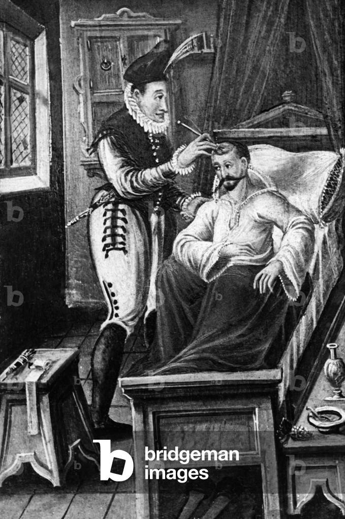 A barber surgeon treats a knight, 1584