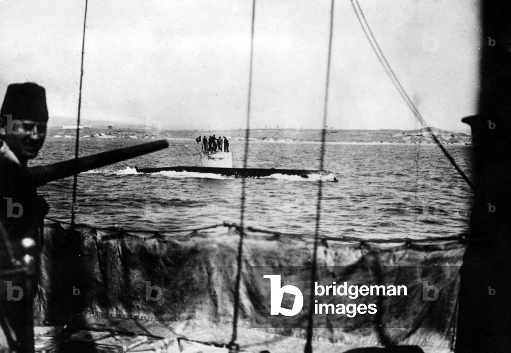 German submarine in the Sea of Marmara in World War I (b/w photo)