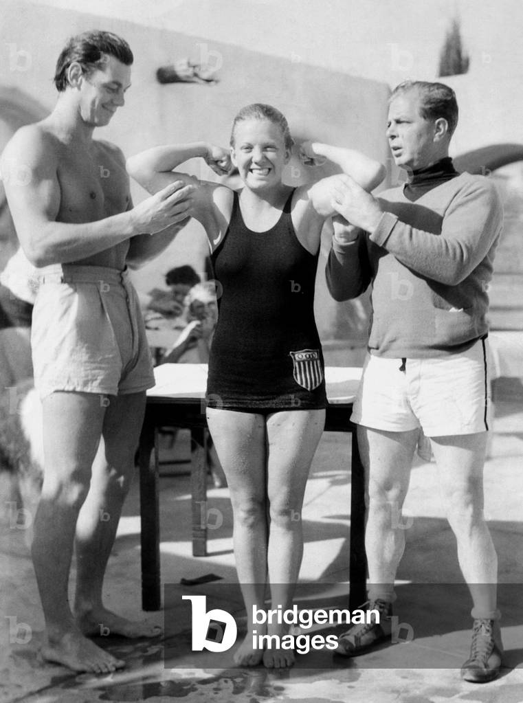 Johnny Weissmuller, Georgia Coleman and Hoot Gibson, 1932 (b/w photo)