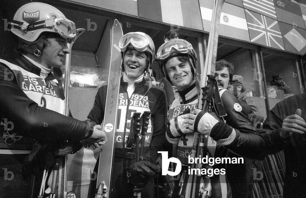 The winners of the downhill competition at the award ceremony, 1970 (b/w photo)