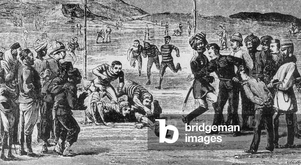 Soccer match in India in the 19th century (b/w photo)