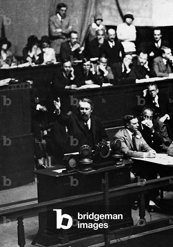 Aristide Briand during a speech at the League of Nations 1926 (b/w photo)
