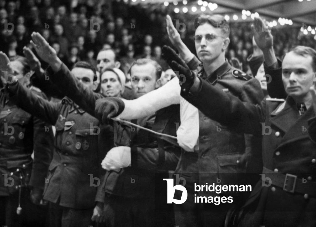 View of the audience during Goebbels' speech on the Total War, 1943 (b/w photo)