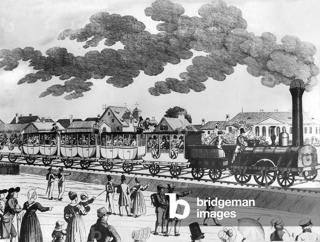 First German railway between Nuremberg and Fuerth, 1835 (b/w photo)