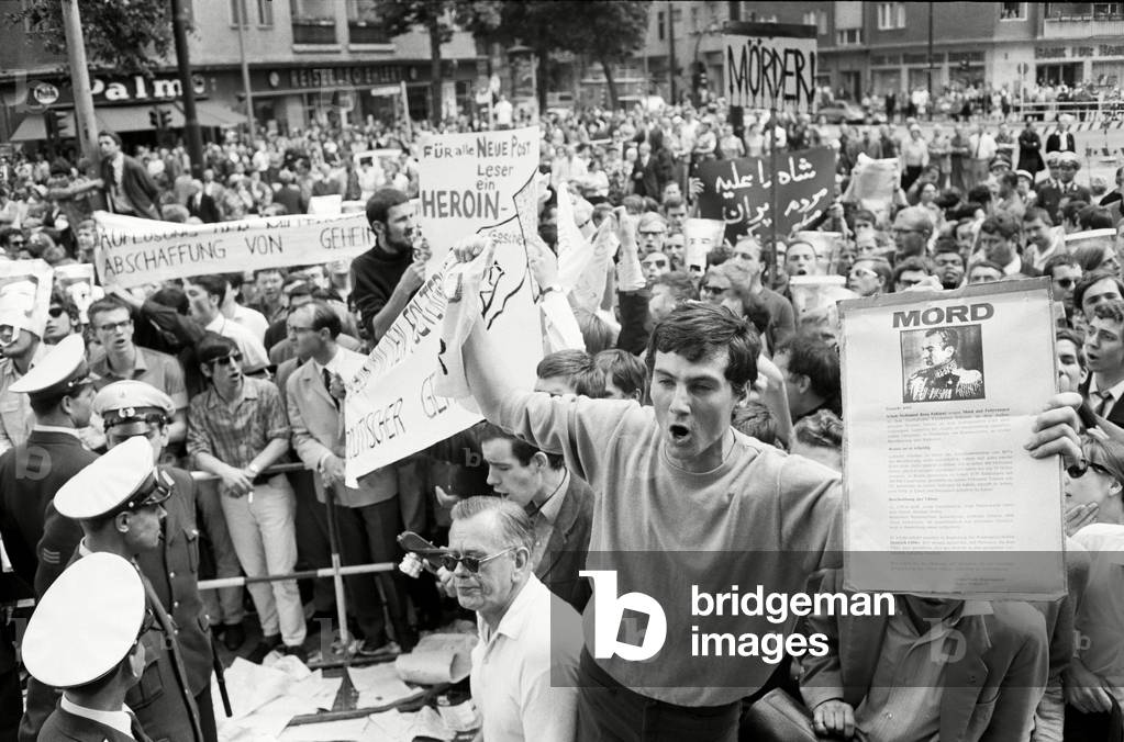 Demonstration against the Shah of Persia in Berlin, 1967 (b/w photo)