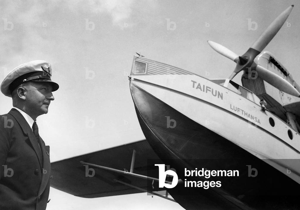 Baron Buddenbrock in front of a Dornier Do J Wal-31 'Typhoon' of Lufthansa, 1937 (b/w photo)