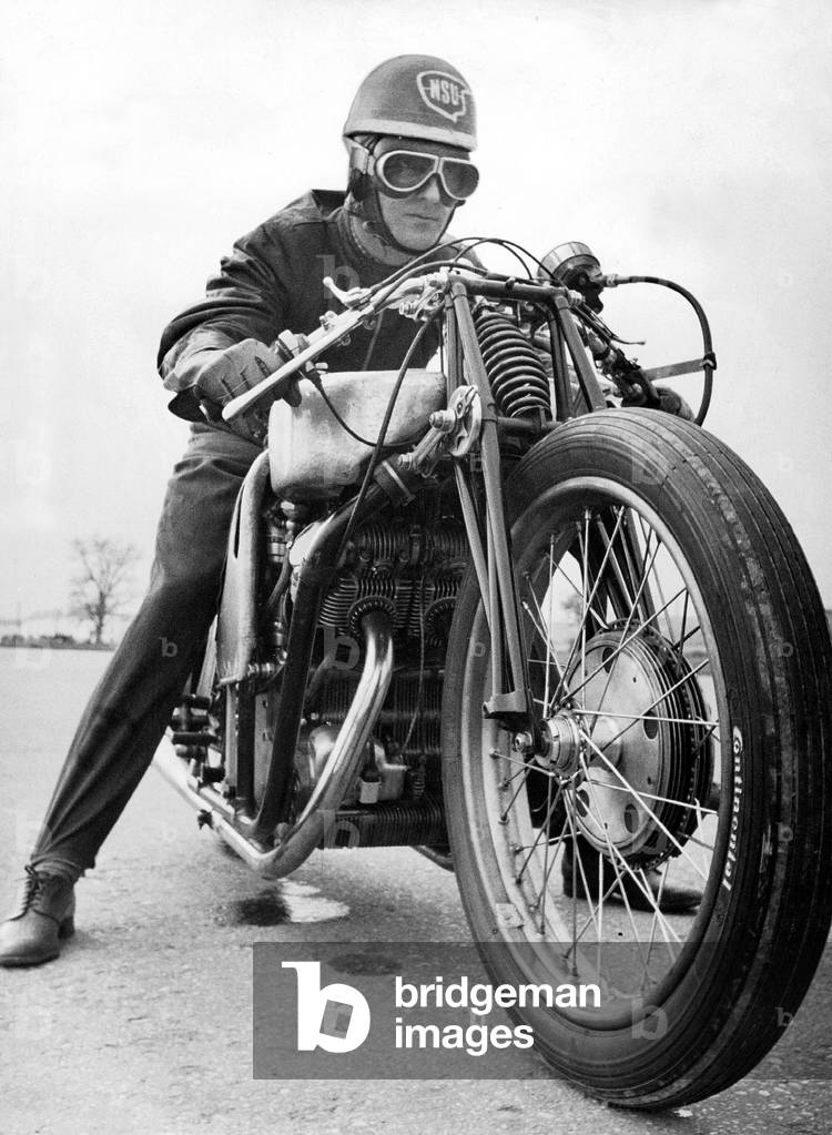 Motorcyclist on a motorcycle of the NSU, 1955 (b/w photo)