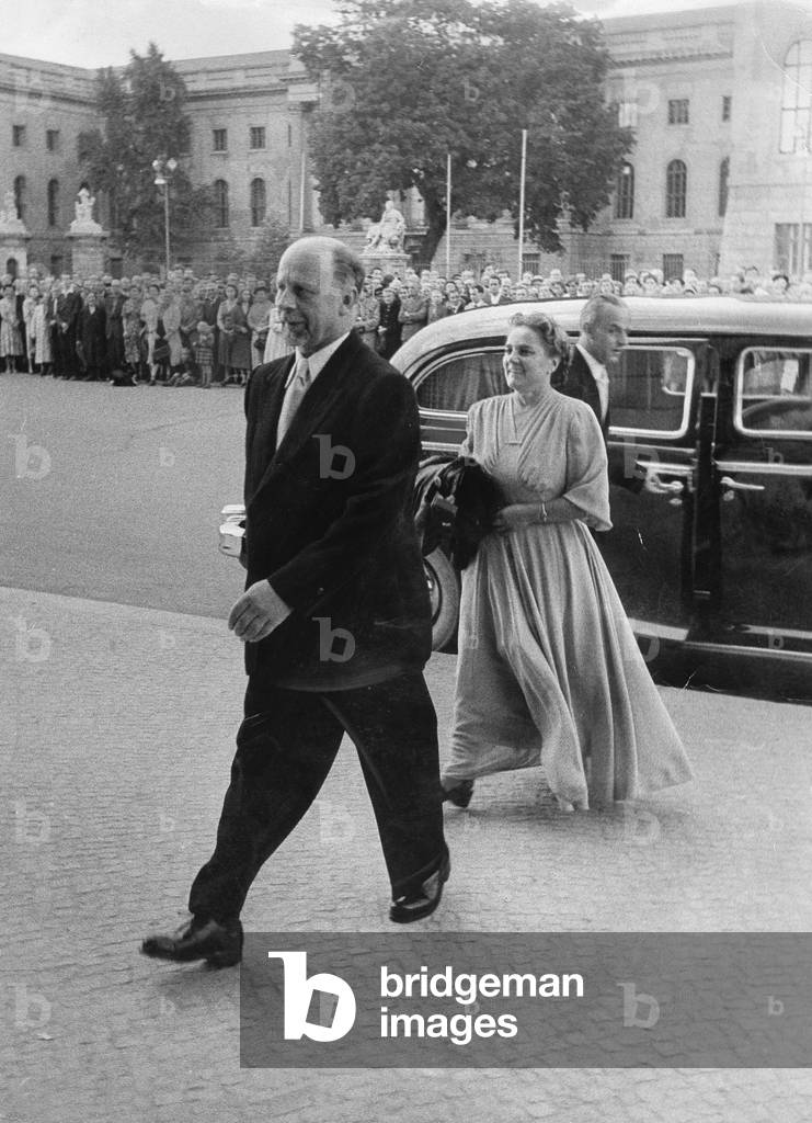 Walter Ulbricht with Mrs. Lotte in East Berlin, 1955 (b/w photo)
