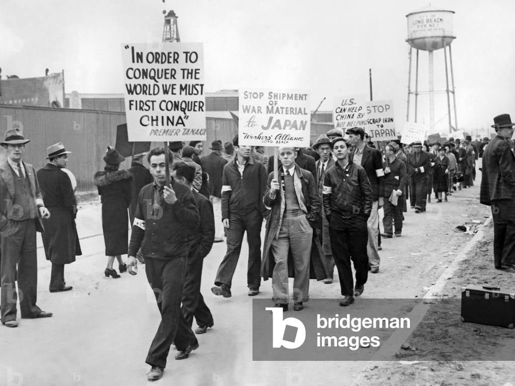 Demonstration at the port of Long Beach, California, 1939 (b/w photo)