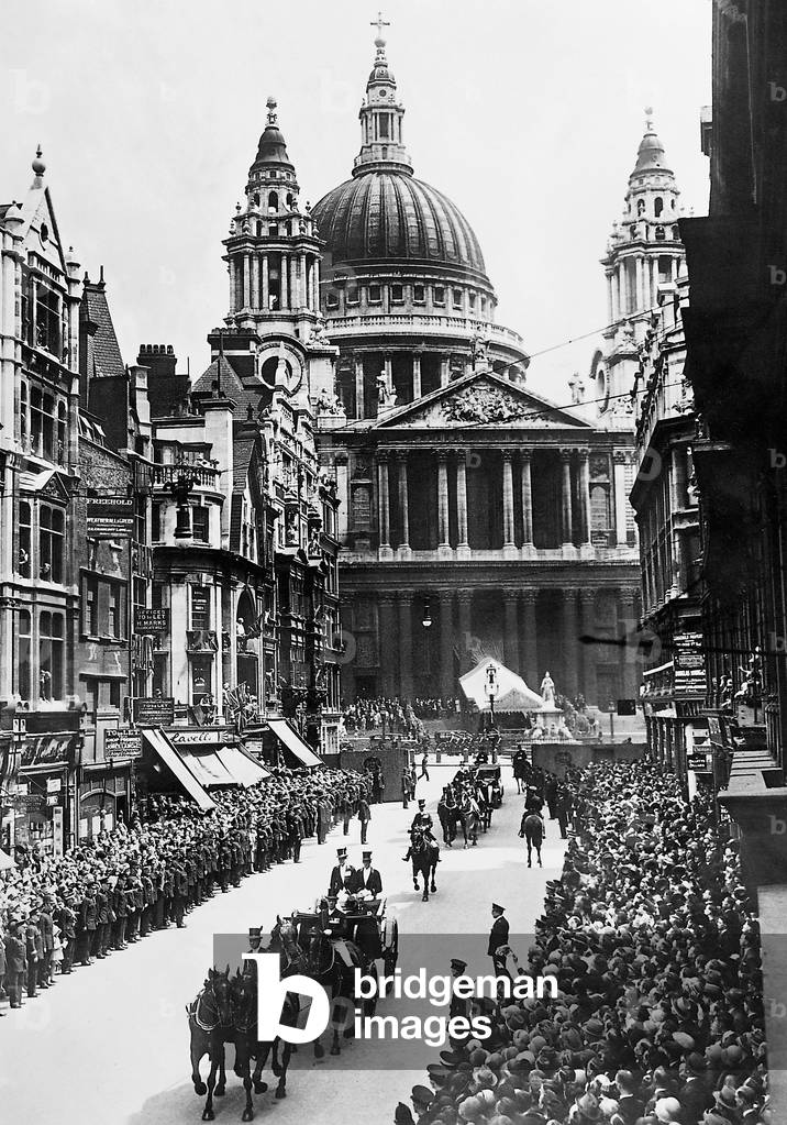 King George V leaving St. Paul's Cathedral following a service to celebrate the restoration of the dome, 1930 (b/w photo)