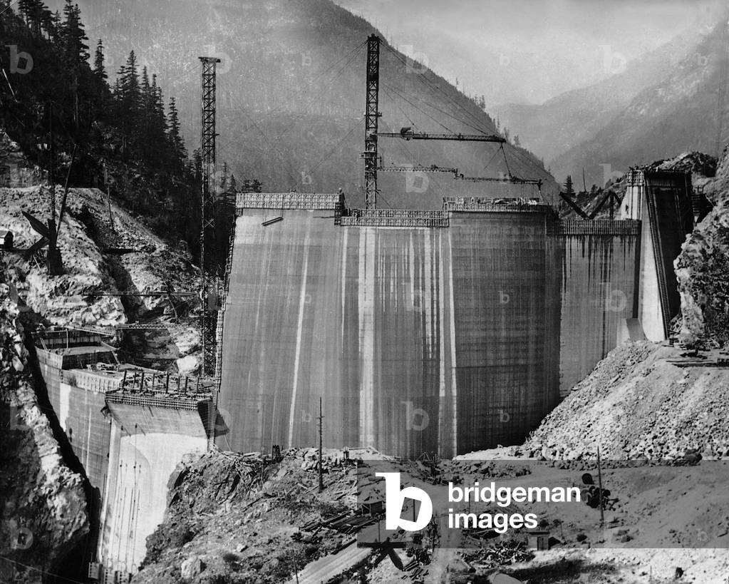 Construction of the Diablo Dam, 1929 (b/w photo)