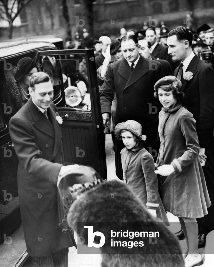 Elizabeth II at a wedding, 1939 (b/w photo)
