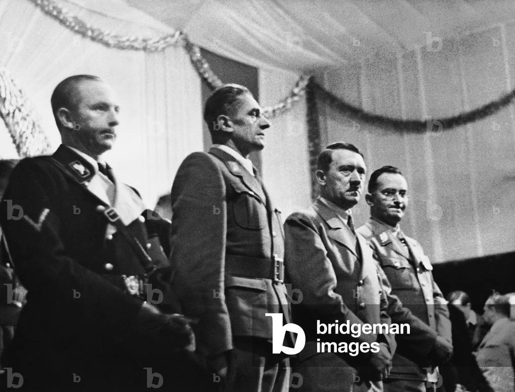 Otto Dietrich, Karl Hermann Frank, Adolf Hitler, Konrad Henlein, 1938 (b/w photo)