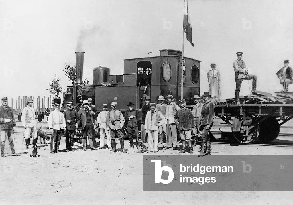 First trip of the German railway to Kiautschou, 1900 (b/w photo)