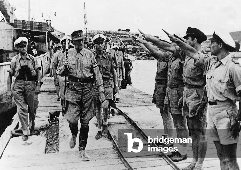 Maximilian Freiherr von Weichs inspects German soldiers in Yugoslavia, 1944 (b/w photo)
