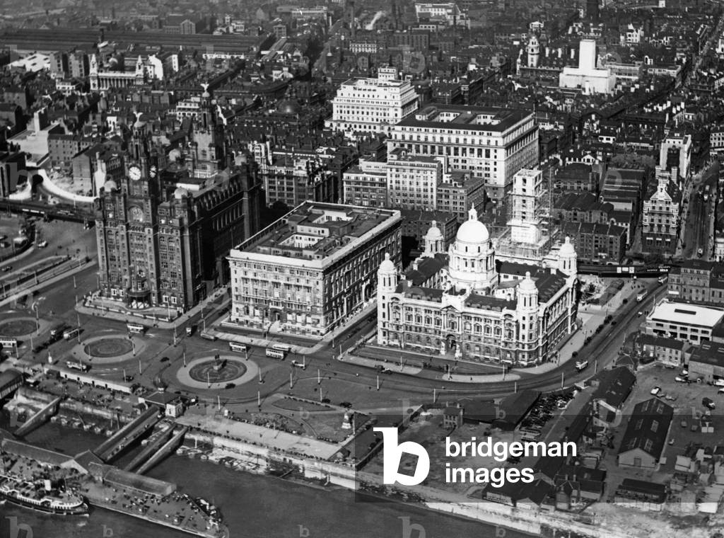 Aerial view of Liverpool, UK (b/w photo)