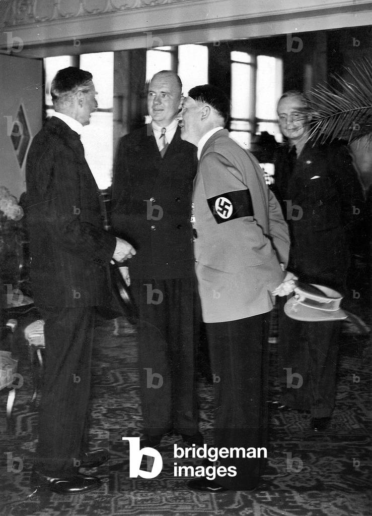 Adolf Hitler and Neville Chamberlain at Bad Godesberg, 1938. (b/w photo)