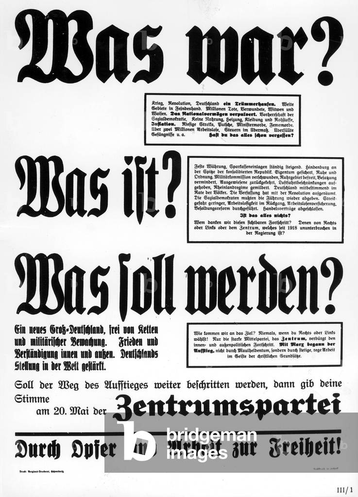 Election poster of the Centre Party, 1928 (b/w photo)