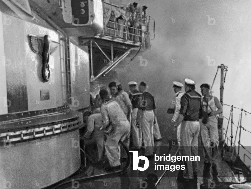 Fire fighting operations on deck of the heavy cruiser 