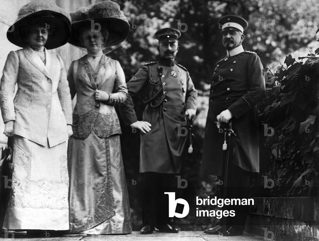 Wilhelm II., Empress Auguste Victoria and Adolph Friedrich V. of Mecklenburg-Strelitz, 1911 (b/w photo)