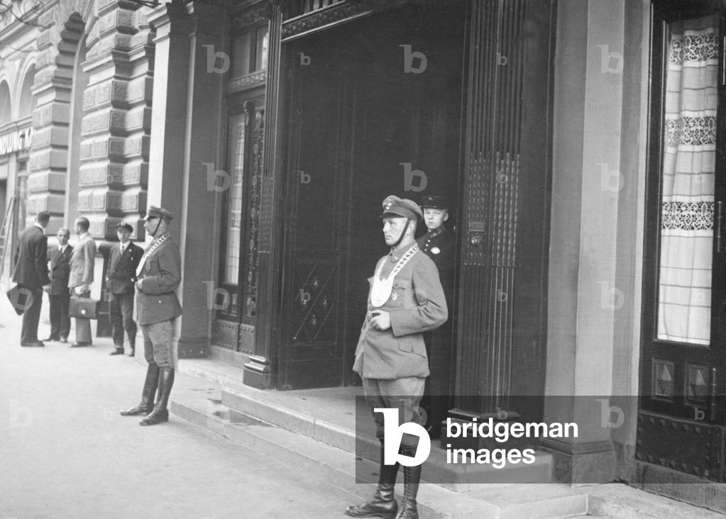 Guard of the Stahlhelm in front of the Berlin Hotel Kaiserhof, circa 1920s