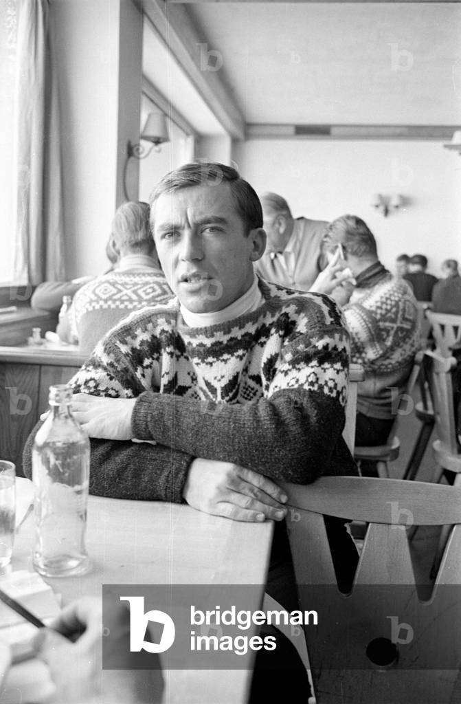 Skier Karl Schranz in the restaurant of the Weissseehaus, 1962 (b/w photo)