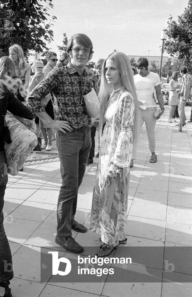Festival visitors in the Olympic Park in Munich, 1970 (b/w photo)