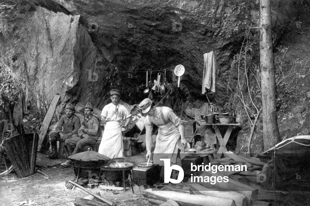Kitchen in a rocky position of the Austrian army, 1916 (b/w photo)