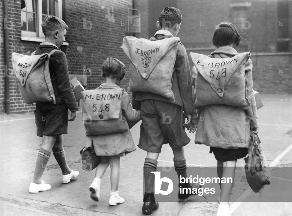 Evacuation exercise for school children, 1939 (b/w photo)