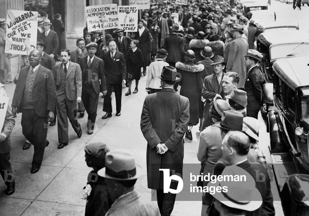 Unemployment demonstration during the Great Depression, 1935 (b/w photo)