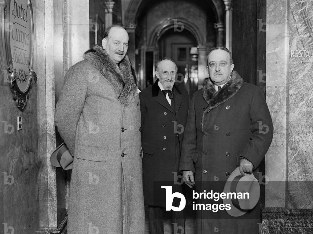 Pierre Etienne Flandin, Aime de Fleuriau and Andre Tardieu in London, 1932 (b/w photo)