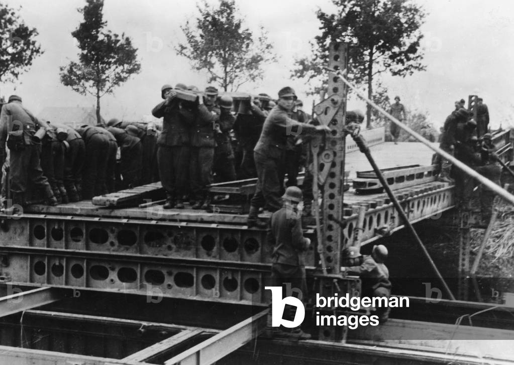 Troops building a bridge in the Netherlands during Operation Market Garden, World War Two, Netherlands, 1944 (b/w photo)
