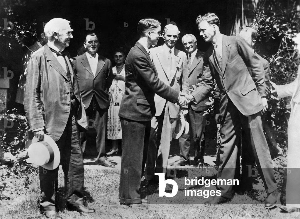 Thomas Alva Edison, William Huston, Henry Ford and Charles Lindbergh, 1930 (b/w photo)