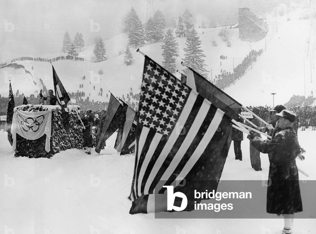 Opening ceremony of the Olympic games at Garmisch-Partenkirchen, 1936 (b/w photo)