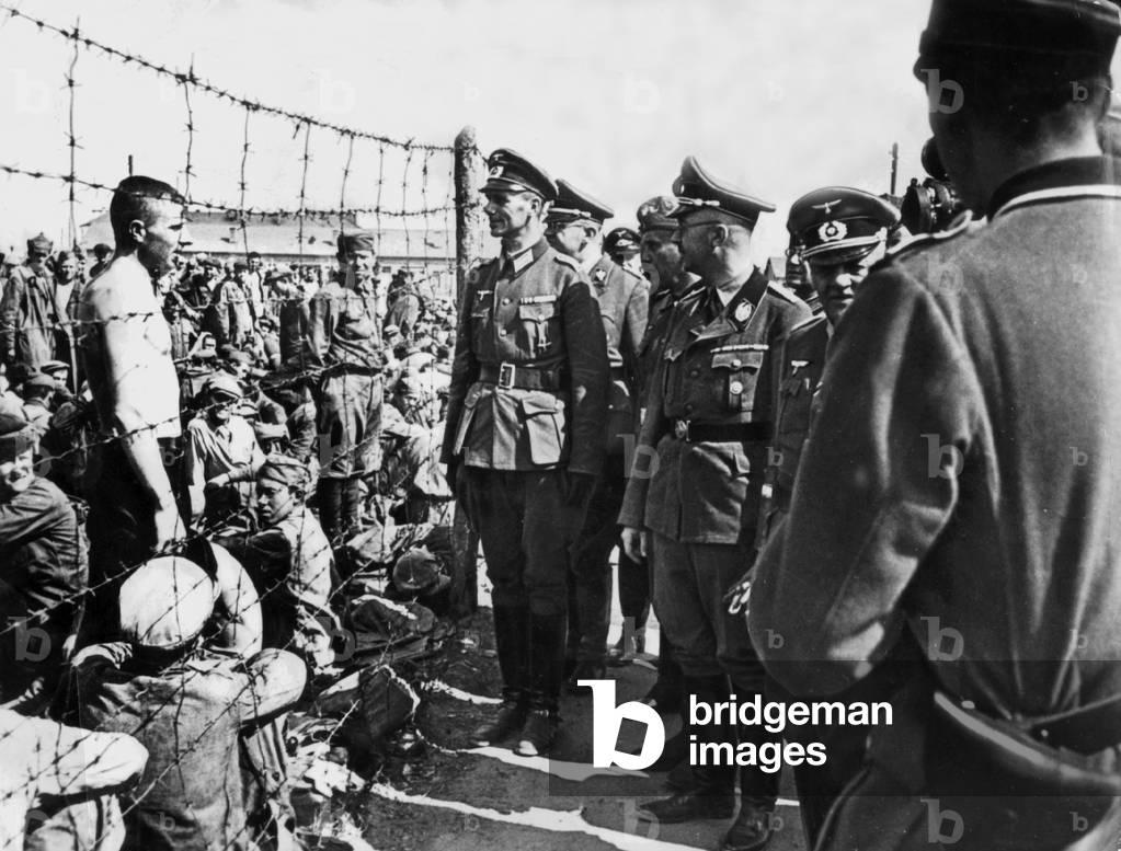 Heinrich Himmler visits a camp with Soviet prisoners of war in 1942 (b/w photo)