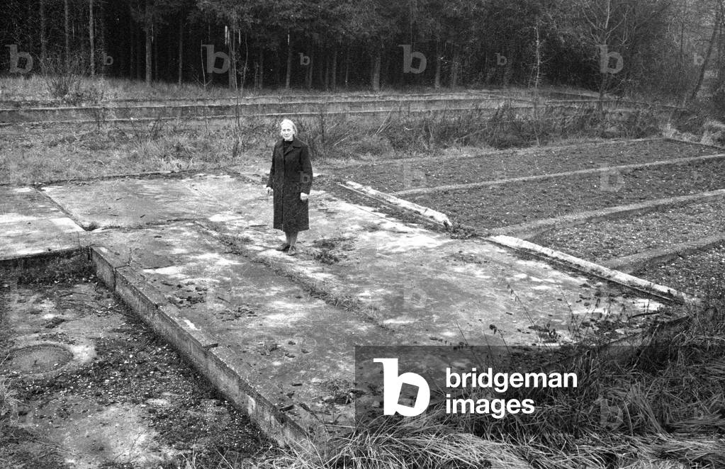 Anna Stadler at the former penal camp, 1959 (b/w photo)