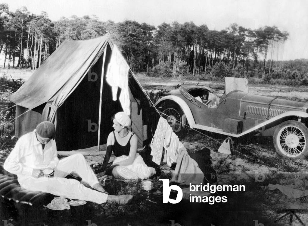 Two women camping, 1930 (b/w photo)